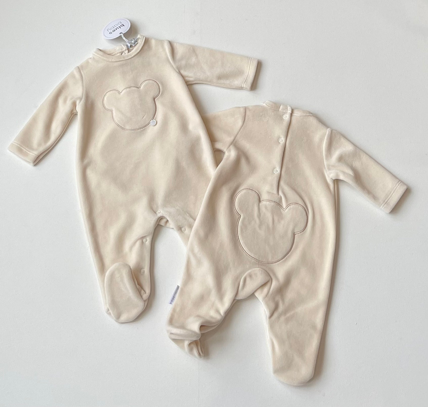 BLUES BABY Caramel teddy
velour sleeper with bear on bottom